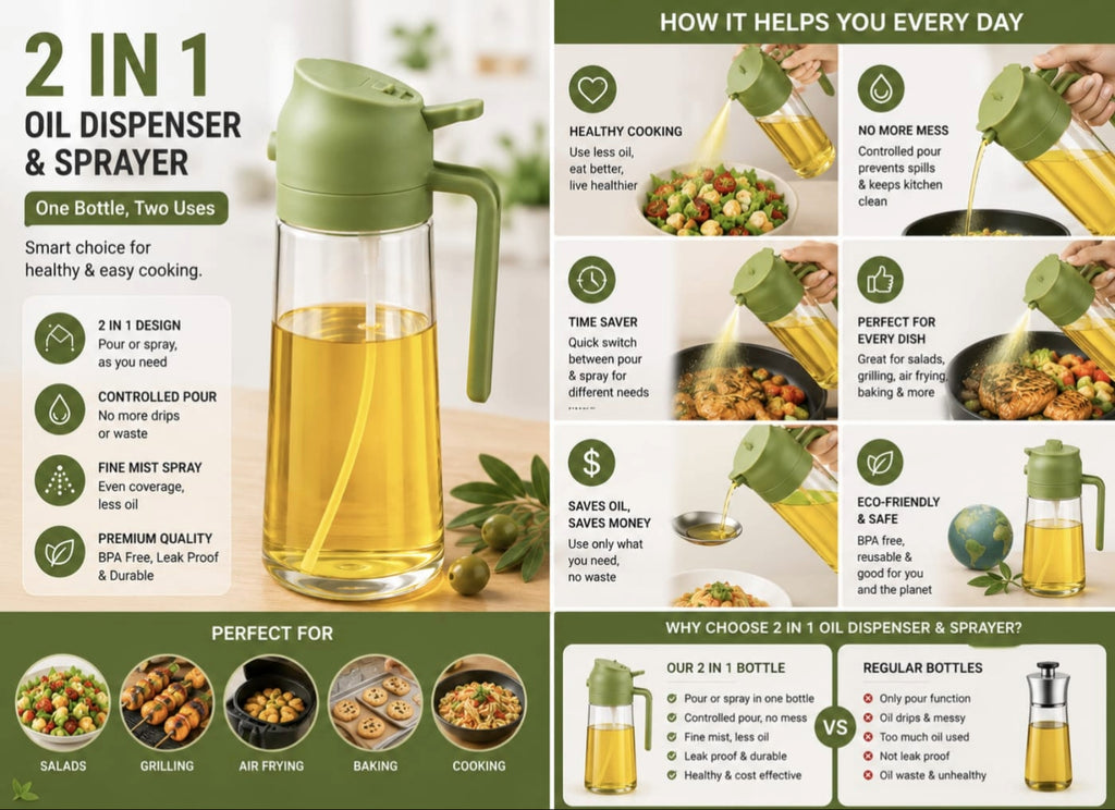 2-in-1 Oil Dispenser & Sprayer – Spray, Pour & Cook Smarter
